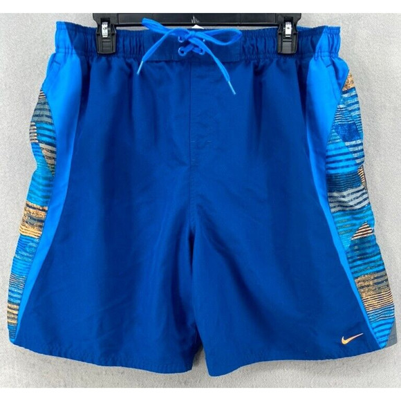 Nike Swim Trunks Mens XL Blue Drawstring Patterned Mesh Lined Beach Board Pocket - Picture 1 of 14